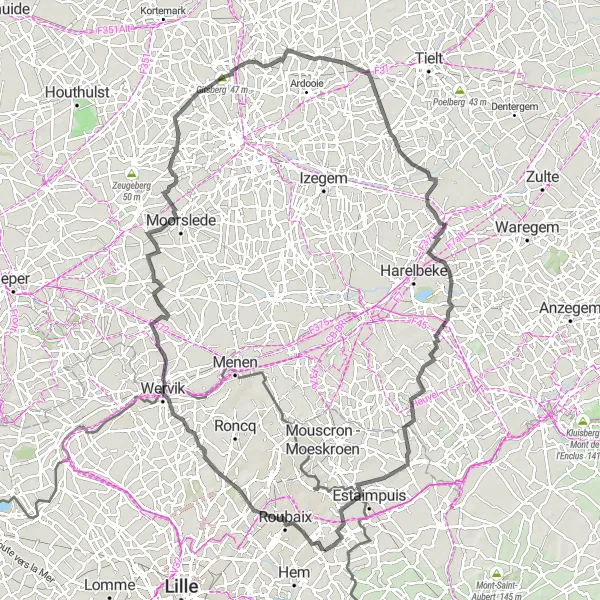 Map miniature of "Mouvaux-Moorslede Loop" cycling inspiration in Nord-Pas de Calais, France. Generated by Tarmacs.app cycling route planner