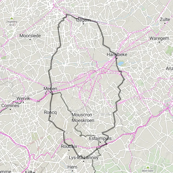 Map miniature of "Cobblestone Adventure" cycling inspiration in Nord-Pas de Calais, France. Generated by Tarmacs.app cycling route planner