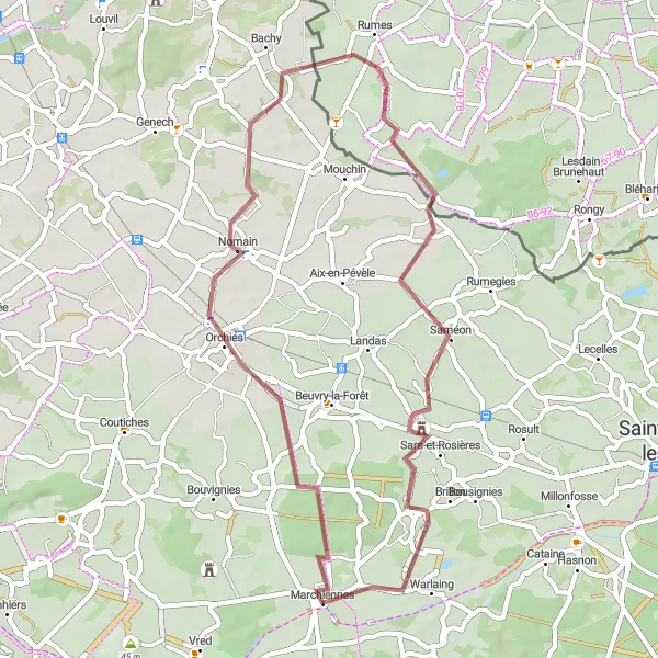 Miniature de la carte de l'inspiration cycliste "Les Chemins de Terre de l'Artois" dans la Nord-Pas de Calais, France. Générée par le planificateur d'itinéraire cycliste Tarmacs.app