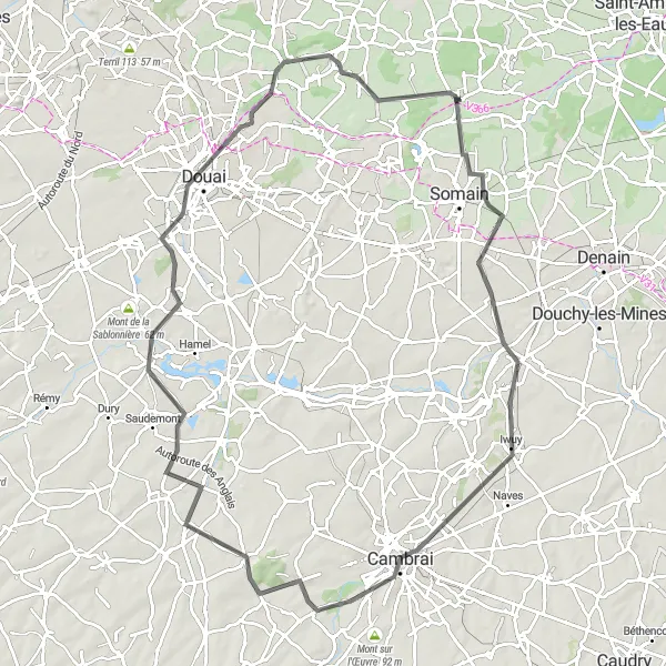 Miniature de la carte de l'inspiration cycliste "Le Tour des Collines du Nord" dans la Nord-Pas de Calais, France. Générée par le planificateur d'itinéraire cycliste Tarmacs.app