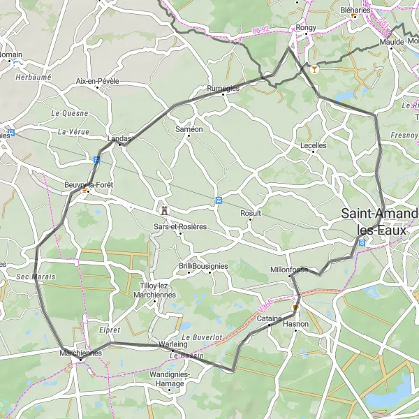 Miniature de la carte de l'inspiration cycliste "Parcours tranquille autour de Landas" dans la Nord-Pas de Calais, France. Générée par le planificateur d'itinéraire cycliste Tarmacs.app