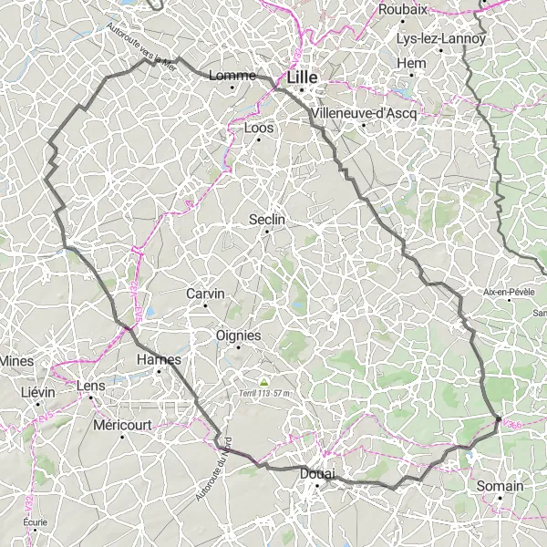 Map miniature of "Road Expedition: The Epic Tour of Marchiennes and Beyond" cycling inspiration in Nord-Pas de Calais, France. Generated by Tarmacs.app cycling route planner