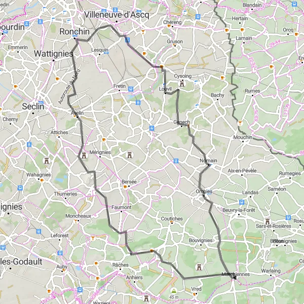 Map miniature of "Road Adventure: Flines-lez-Raches to Orchies Excursion" cycling inspiration in Nord-Pas de Calais, France. Generated by Tarmacs.app cycling route planner