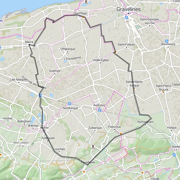 Miniature de la carte de l'inspiration cycliste "Chemin de halage le long de l'Aa" dans la Nord-Pas de Calais, France. Générée par le planificateur d'itinéraire cycliste Tarmacs.app