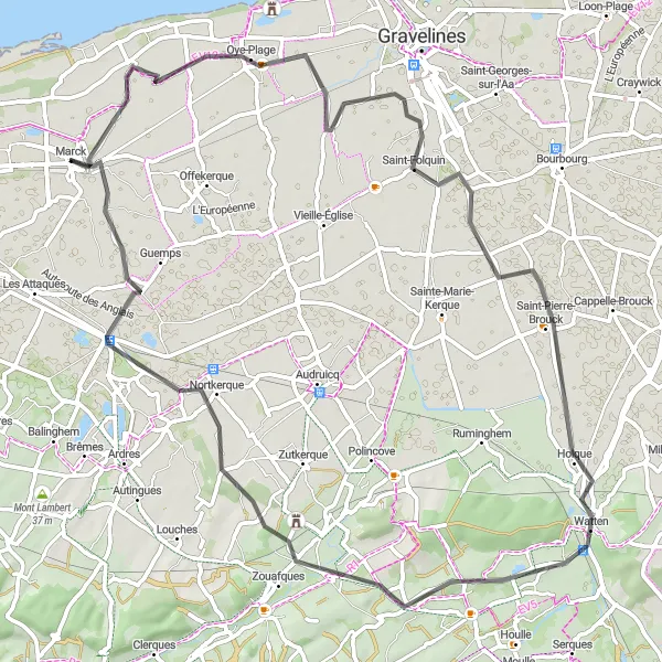 Miniature de la carte de l'inspiration cycliste "Les Marais de l'Audomarois" dans la Nord-Pas de Calais, France. Générée par le planificateur d'itinéraire cycliste Tarmacs.app