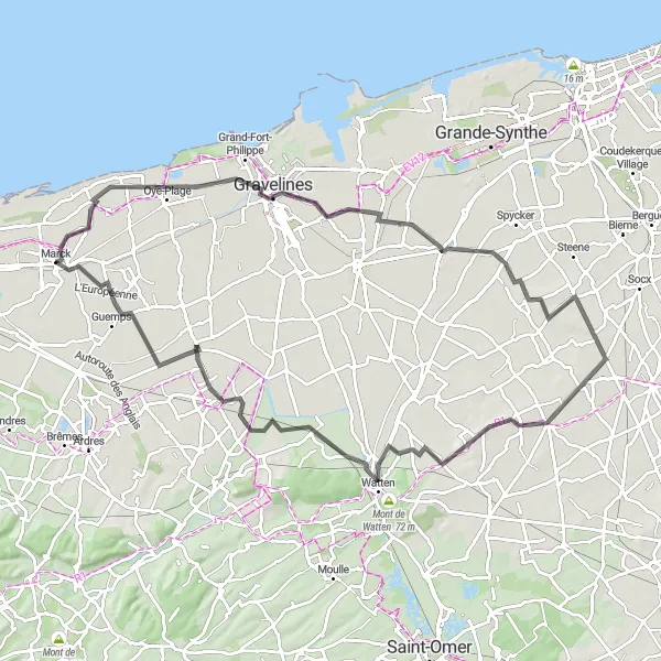 Miniature de la carte de l'inspiration cycliste "Parc naturel régional des Caps et Marais d'Opale" dans la Nord-Pas de Calais, France. Générée par le planificateur d'itinéraire cycliste Tarmacs.app