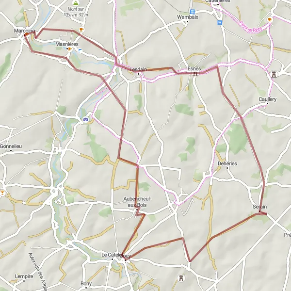 Map miniature of "Serene Gravel Experience" cycling inspiration in Nord-Pas de Calais, France. Generated by Tarmacs.app cycling route planner