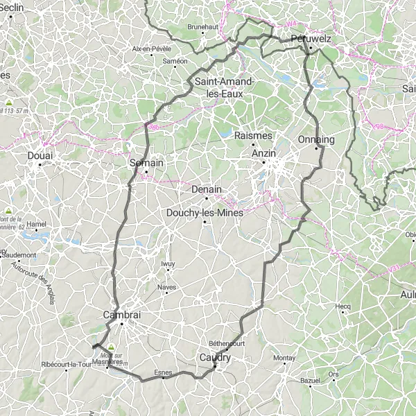 Miniature de la carte de l'inspiration cycliste "Grande boucle vers Vallée de l'Escaut" dans la Nord-Pas de Calais, France. Générée par le planificateur d'itinéraire cycliste Tarmacs.app