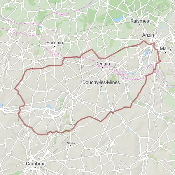 Map miniature of "Scenic Gravel Ride near Marly" cycling inspiration in Nord-Pas de Calais, France. Generated by Tarmacs.app cycling route planner