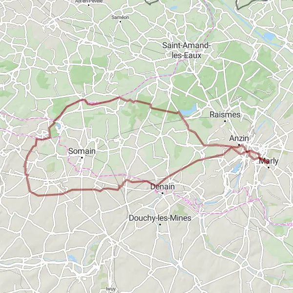 Map miniature of "Marly Gravel Loop" cycling inspiration in Nord-Pas de Calais, France. Generated by Tarmacs.app cycling route planner