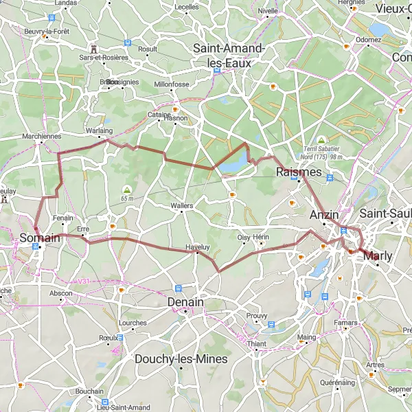 Map miniature of "Nature Route near Marly" cycling inspiration in Nord-Pas de Calais, France. Generated by Tarmacs.app cycling route planner