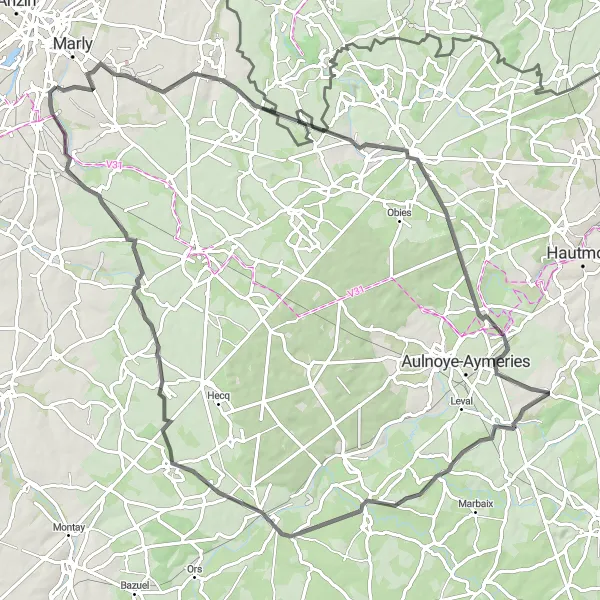 Miniature de la carte de l'inspiration cycliste "Boucle de Marly et ses environs" dans la Nord-Pas de Calais, France. Générée par le planificateur d'itinéraire cycliste Tarmacs.app