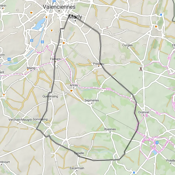 Map miniature of "Marly Road Loop" cycling inspiration in Nord-Pas de Calais, France. Generated by Tarmacs.app cycling route planner