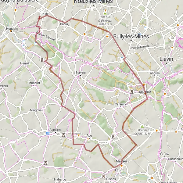 Miniature de la carte de l'inspiration cycliste "Les collines de Marœuil" dans la Nord-Pas de Calais, France. Générée par le planificateur d'itinéraire cycliste Tarmacs.app
