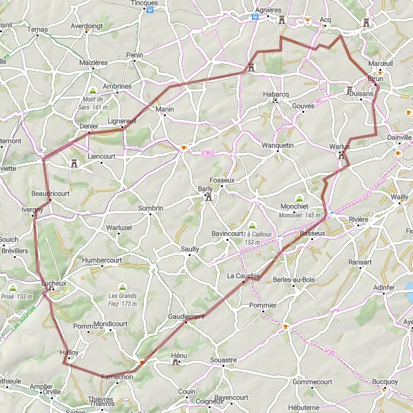 Map miniature of "Scenic Bailleulval and Mont Tigny" cycling inspiration in Nord-Pas de Calais, France. Generated by Tarmacs.app cycling route planner