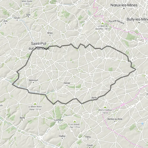 Map miniature of "Marœuil to Mont-Saint-Éloi through Agnez-lès-Duisans and Béthonsart" cycling inspiration in Nord-Pas de Calais, France. Generated by Tarmacs.app cycling route planner