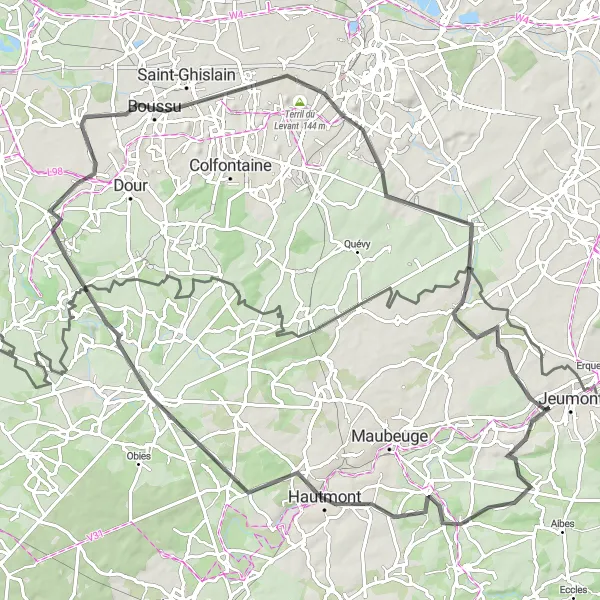 Miniature de la carte de l'inspiration cycliste "Les Vallées de l'Avesnois" dans la Nord-Pas de Calais, France. Générée par le planificateur d'itinéraire cycliste Tarmacs.app
