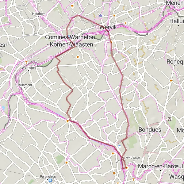 Miniature de la carte de l'inspiration cycliste "Parcours de gravel autour de Marquette-lez-Lille" dans la Nord-Pas de Calais, France. Générée par le planificateur d'itinéraire cycliste Tarmacs.app