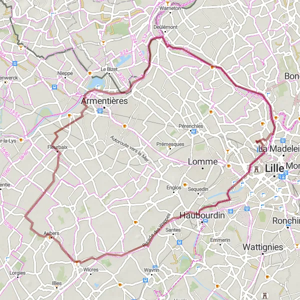 Miniature de la carte de l'inspiration cycliste "La Boucle de la Vallée de la Lys" dans la Nord-Pas de Calais, France. Générée par le planificateur d'itinéraire cycliste Tarmacs.app