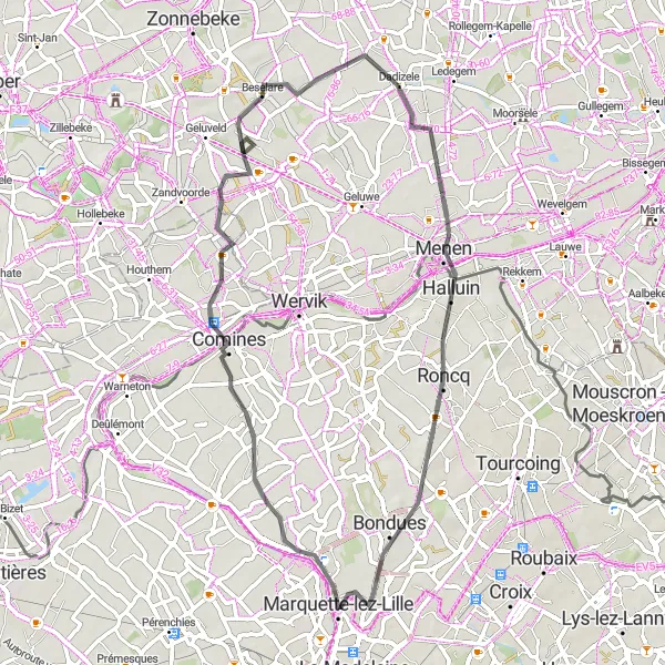 Map miniature of "Marquette-lez-Lille and Beyond" cycling inspiration in Nord-Pas de Calais, France. Generated by Tarmacs.app cycling route planner