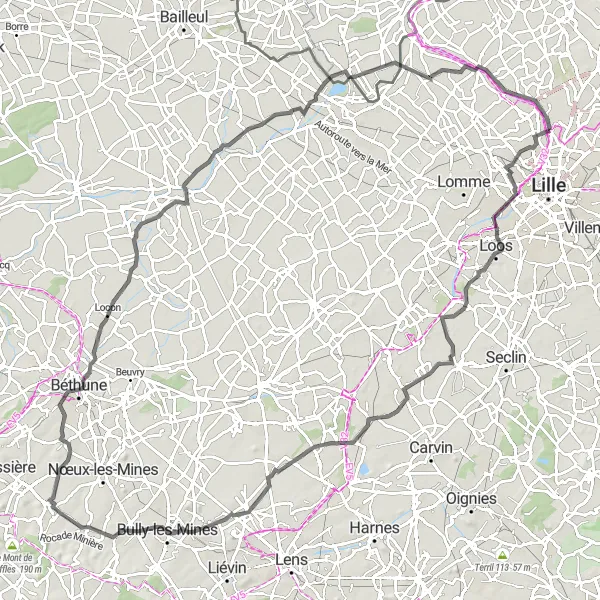 Miniature de la carte de l'inspiration cycliste "Escapade cycliste flandrienne" dans la Nord-Pas de Calais, France. Générée par le planificateur d'itinéraire cycliste Tarmacs.app