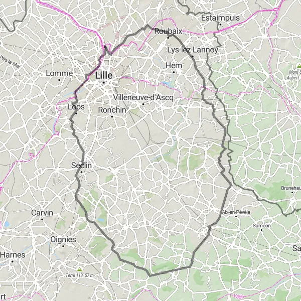 Miniature de la carte de l'inspiration cycliste "Boucle à vélo de route vers Orchies" dans la Nord-Pas de Calais, France. Générée par le planificateur d'itinéraire cycliste Tarmacs.app