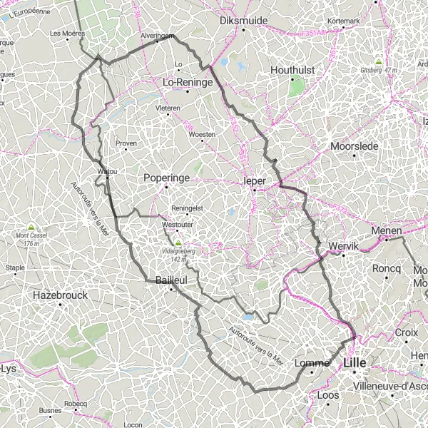 Map miniature of "The Grand Loop around Marquette-lez-Lille" cycling inspiration in Nord-Pas de Calais, France. Generated by Tarmacs.app cycling route planner