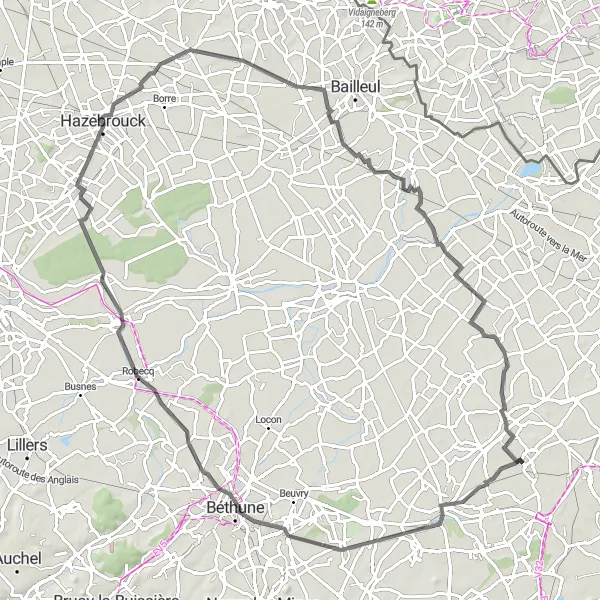 Miniature de la carte de l'inspiration cycliste "Escapade à travers Robecq et Caëstre" dans la Nord-Pas de Calais, France. Générée par le planificateur d'itinéraire cycliste Tarmacs.app