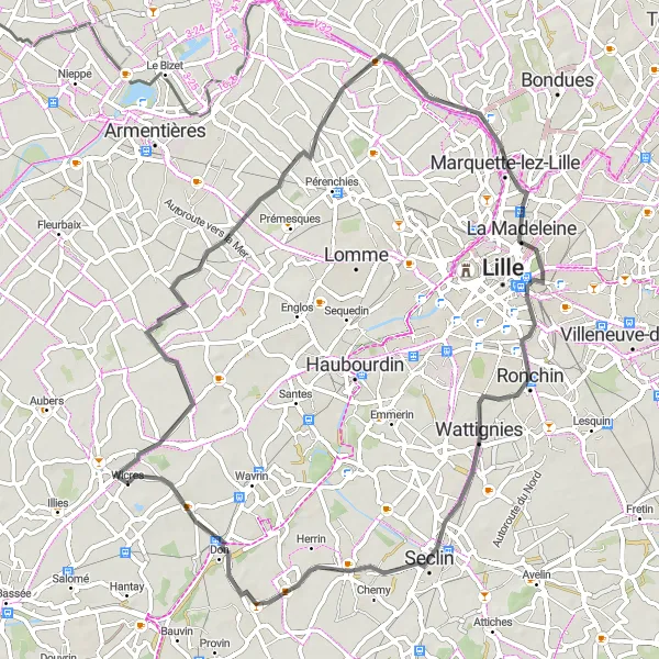 Map miniature of "Road Cycling Amongst Nature and Heritage" cycling inspiration in Nord-Pas de Calais, France. Generated by Tarmacs.app cycling route planner