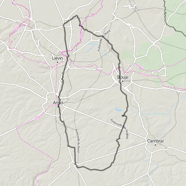 Miniature de la carte de l'inspiration cycliste "Circuit autour de Marquillies via Carvin et Arleux" dans la Nord-Pas de Calais, France. Générée par le planificateur d'itinéraire cycliste Tarmacs.app