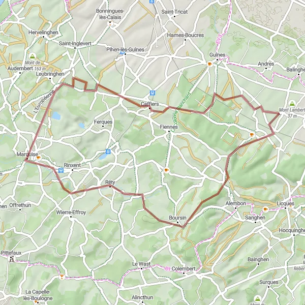 Map miniature of "The Gravel Loop of Caffiers" cycling inspiration in Nord-Pas de Calais, France. Generated by Tarmacs.app cycling route planner