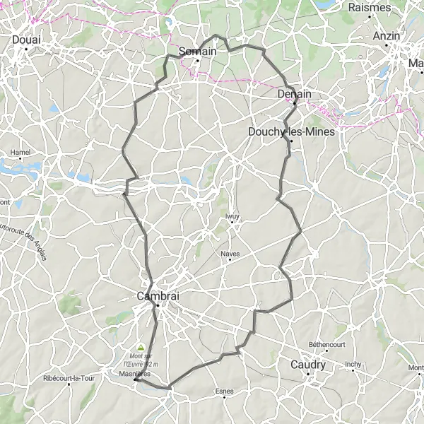 Miniature de la carte de l'inspiration cycliste "Parcours panoramique autour de Cambrai" dans la Nord-Pas de Calais, France. Générée par le planificateur d'itinéraire cycliste Tarmacs.app