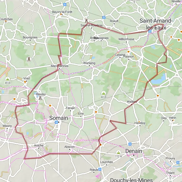 Miniature de la carte de l'inspiration cycliste "Exploration des environs de Marchiennes" dans la Nord-Pas de Calais, France. Générée par le planificateur d'itinéraire cycliste Tarmacs.app