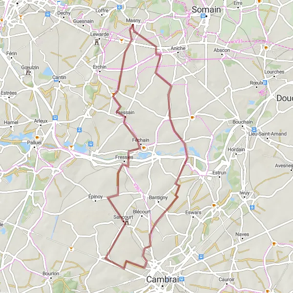 Miniature de la carte de l'inspiration cycliste "Boucle de 49 km sur chemins gravel autour de Masny" dans la Nord-Pas de Calais, France. Générée par le planificateur d'itinéraire cycliste Tarmacs.app