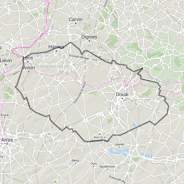 Miniature de la carte de l'inspiration cycliste "Circuit Mont Binage et Vimy" dans la Nord-Pas de Calais, France. Générée par le planificateur d'itinéraire cycliste Tarmacs.app