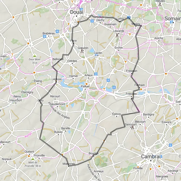 Miniature de la carte de l'inspiration cycliste "Les coteaux du Nord" dans la Nord-Pas de Calais, France. Générée par le planificateur d'itinéraire cycliste Tarmacs.app