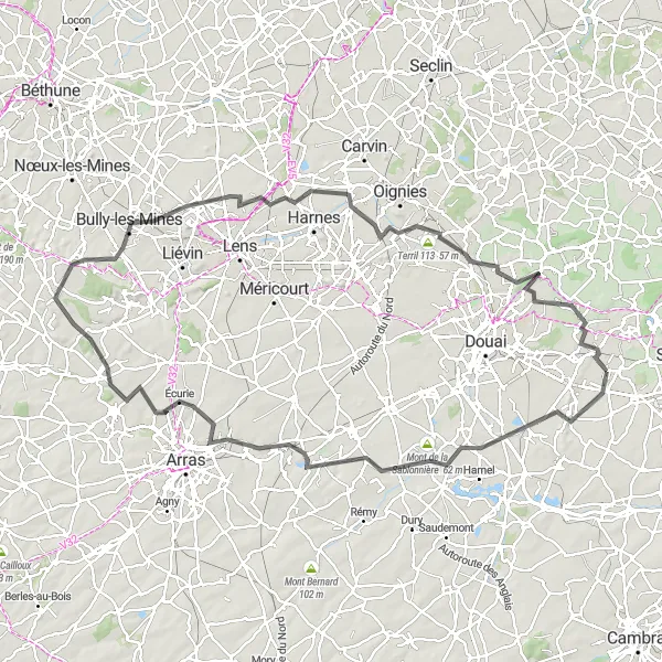 Miniature de la carte de l'inspiration cycliste "Tour de 114 km autour de Masny" dans la Nord-Pas de Calais, France. Générée par le planificateur d'itinéraire cycliste Tarmacs.app