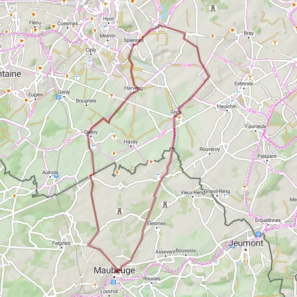 Miniature de la carte de l'inspiration cycliste "Exploration naturelle en gravel" dans la Nord-Pas de Calais, France. Générée par le planificateur d'itinéraire cycliste Tarmacs.app