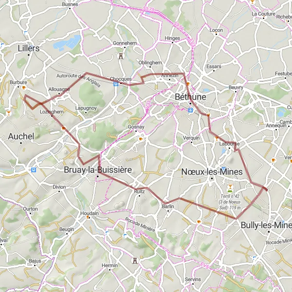 Miniature de la carte de l'inspiration cycliste "Circuit des Terrils" dans la Nord-Pas de Calais, France. Générée par le planificateur d'itinéraire cycliste Tarmacs.app