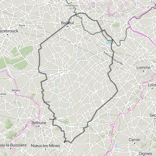 Miniature de la carte de l'inspiration cycliste "Randonnée à Travers le Patrimoine" dans la Nord-Pas de Calais, France. Générée par le planificateur d'itinéraire cycliste Tarmacs.app