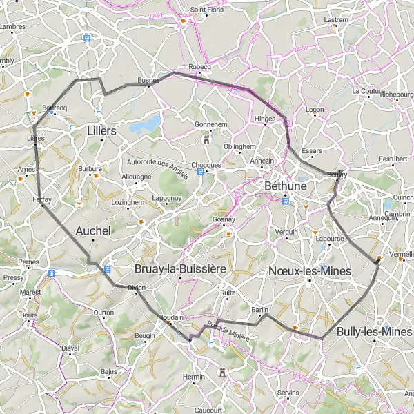 Miniature de la carte de l'inspiration cycliste "Boucle des Paysages Variés" dans la Nord-Pas de Calais, France. Générée par le planificateur d'itinéraire cycliste Tarmacs.app