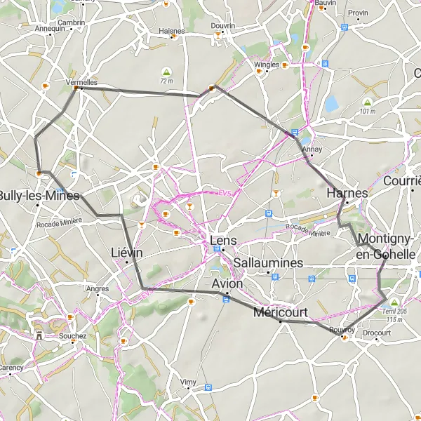 Miniature de la carte de l'inspiration cycliste "Tour des Terrils et des Villages" dans la Nord-Pas de Calais, France. Générée par le planificateur d'itinéraire cycliste Tarmacs.app