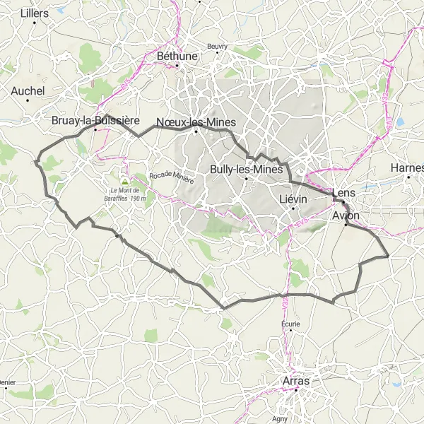 Map miniature of "The Battlefields of Neuville-Saint-Vaast" cycling inspiration in Nord-Pas de Calais, France. Generated by Tarmacs.app cycling route planner