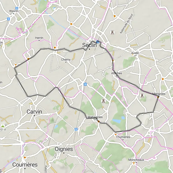 Map miniature of "Wahagnies and Seclin Road Cycling" cycling inspiration in Nord-Pas de Calais, France. Generated by Tarmacs.app cycling route planner