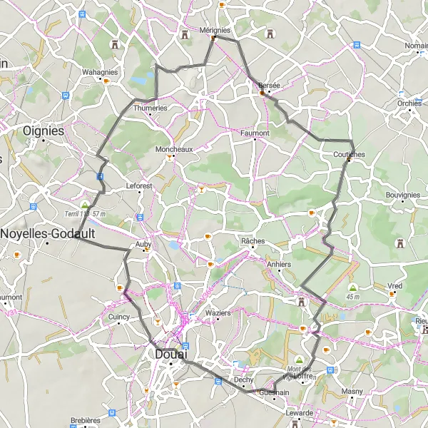 Map miniature of "The Road to Countryside" cycling inspiration in Nord-Pas de Calais, France. Generated by Tarmacs.app cycling route planner