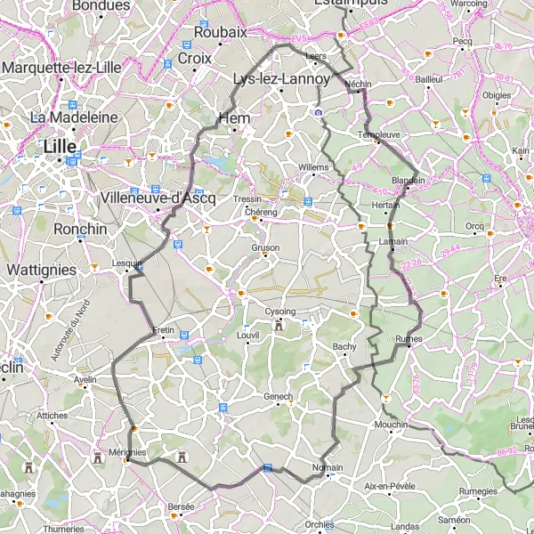 Miniature de la carte de l'inspiration cycliste "Les Vallées Flamandes" dans la Nord-Pas de Calais, France. Générée par le planificateur d'itinéraire cycliste Tarmacs.app