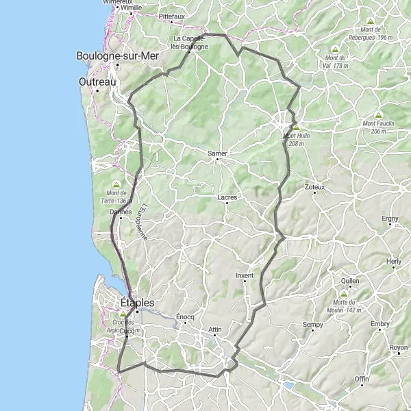 Miniature de la carte de l'inspiration cycliste "Circuit des Montagnes du Nord" dans la Nord-Pas de Calais, France. Générée par le planificateur d'itinéraire cycliste Tarmacs.app