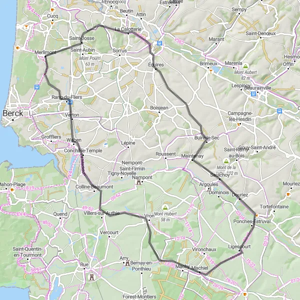 Map miniature of "Exploring the Coastline" cycling inspiration in Nord-Pas de Calais, France. Generated by Tarmacs.app cycling route planner