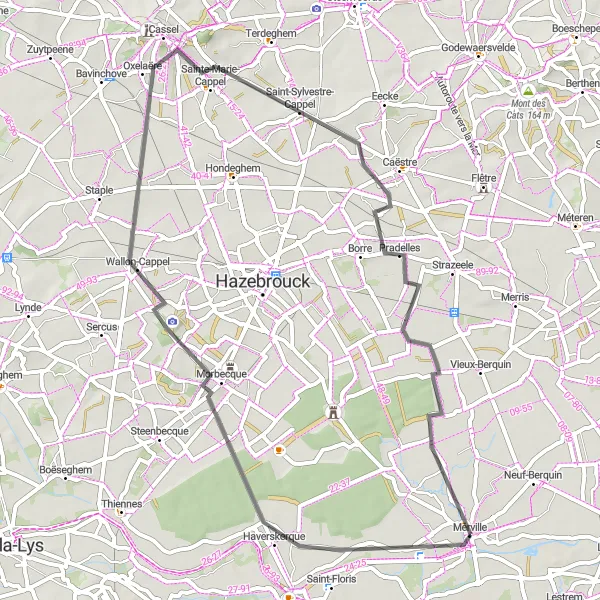 Map miniature of "Morbecque, Mont des Récollets, Sainte-Marie-Cappel, Caëstre, Caudescure Road Cycling Route" cycling inspiration in Nord-Pas de Calais, France. Generated by Tarmacs.app cycling route planner