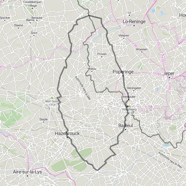 Miniature de la carte de l'inspiration cycliste "Escapade dans les Flandres" dans la Nord-Pas de Calais, France. Générée par le planificateur d'itinéraire cycliste Tarmacs.app